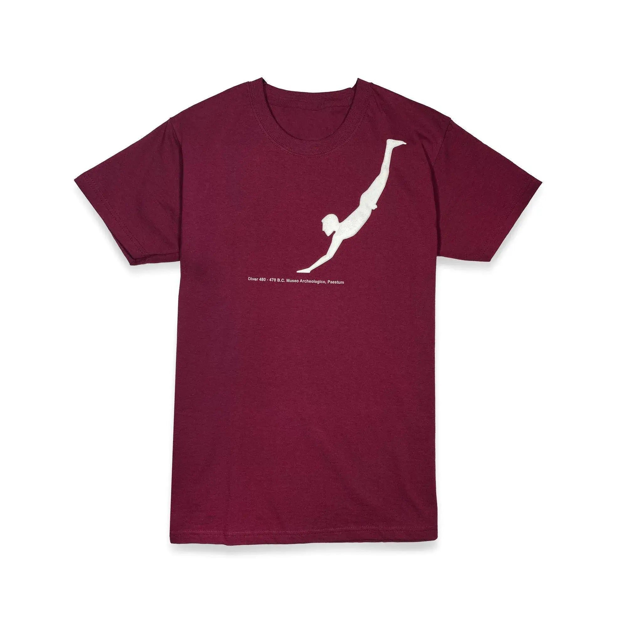 T shirt da uomo bordeaux con stampa del tuffatore di Paestum